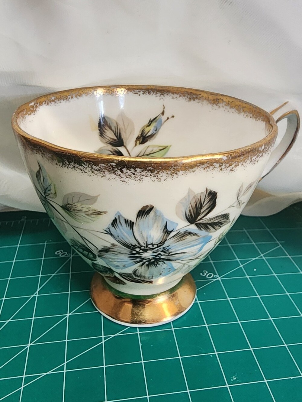 Vintage CLARE England Bone China Floral Gold-Trim Teacup In Blue and White